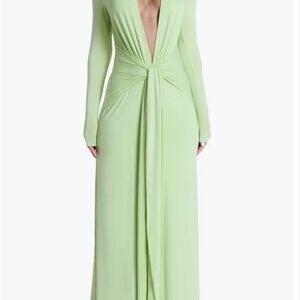 Elegant Green Maxi Dress Plunge Neck Long Sleeve Stretch Jersey Maxi Dress